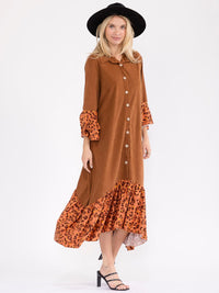 WOMEN'S LONG BELL SLEEVE BUTTON UP FRONT POCKETS ANIMAL PRINT CONTRAST MAXI DRESS