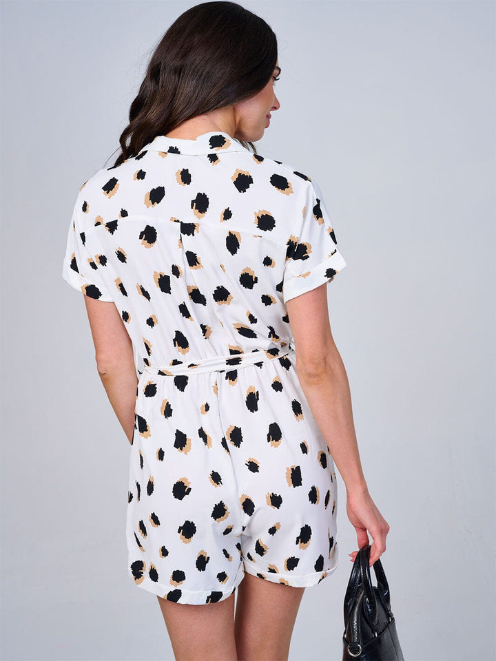 WOMEN'S SHORT SLEEVE BUTTON UP SELF TIE ANIMAL PRINT ROMPER