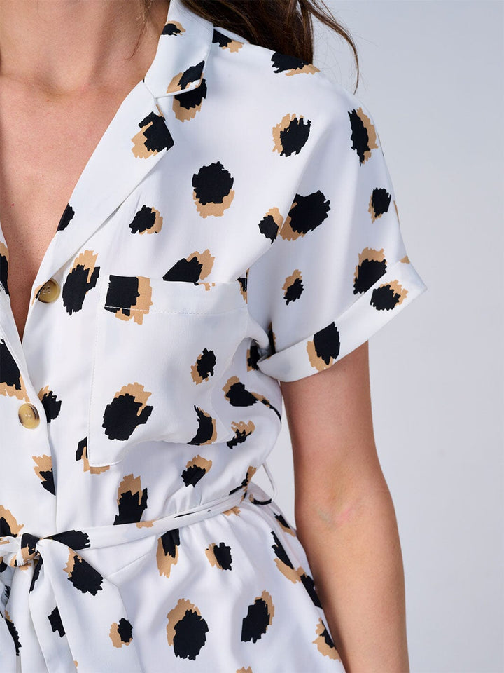WOMEN'S SHORT SLEEVE BUTTON UP SELF TIE ANIMAL PRINT ROMPER