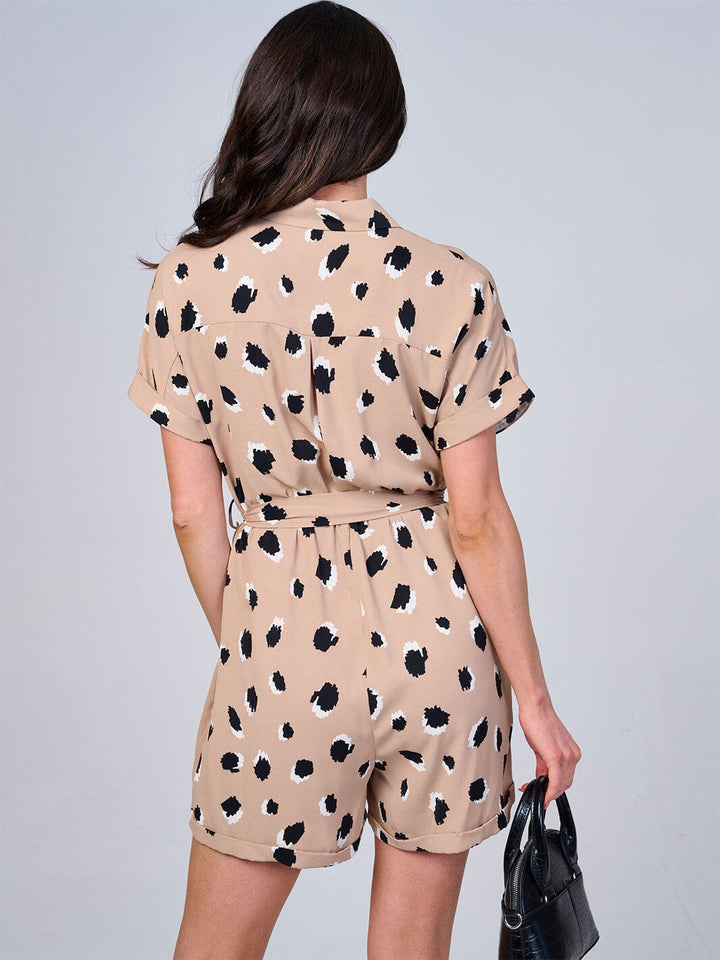 WOMEN'S SHORT SLEEVE BUTTON UP SELF TIE ANIMAL PRINT ROMPER