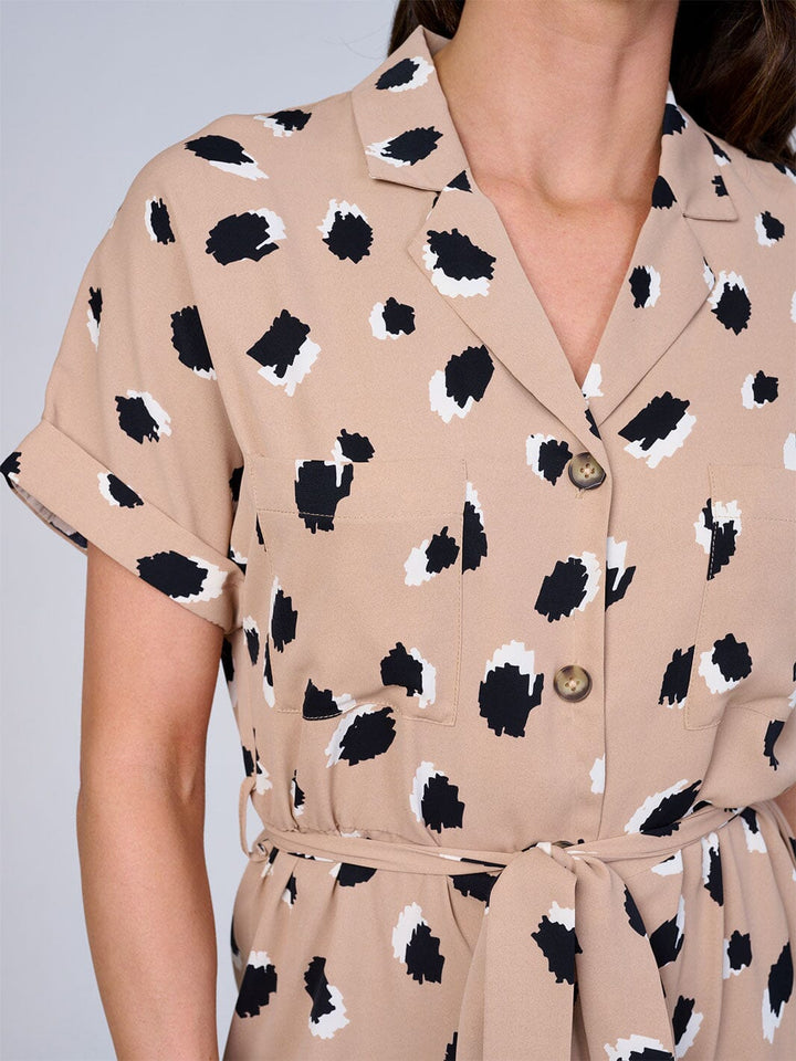 WOMEN'S SHORT SLEEVE BUTTON UP SELF TIE ANIMAL PRINT ROMPER