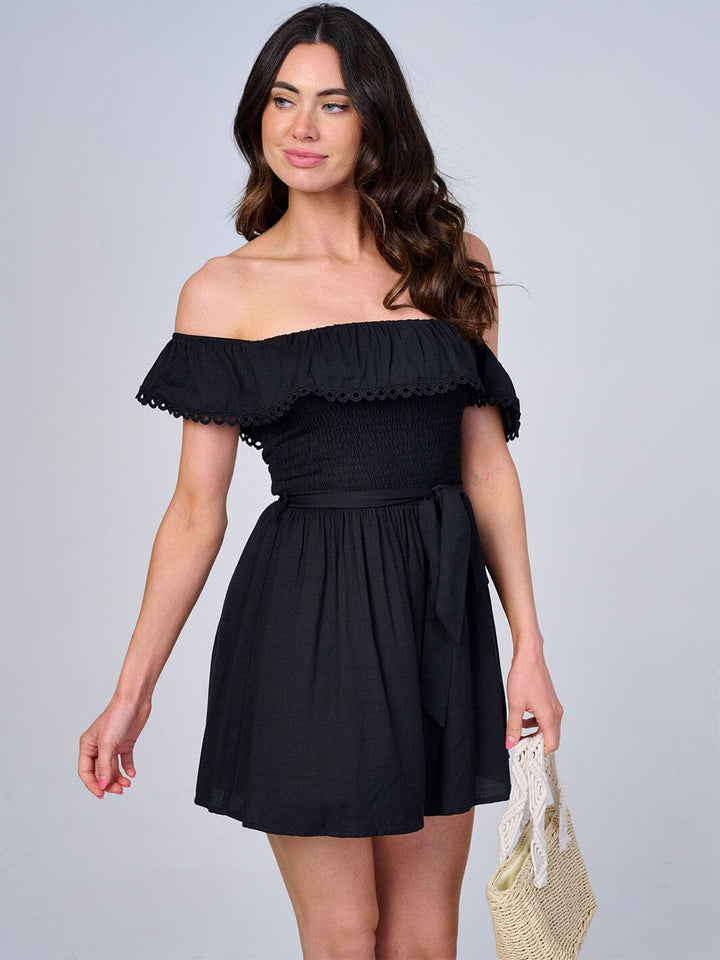 WOMEN'S OFF SHOULDER RUFFLE SMOCK SELF TIE ROMPER