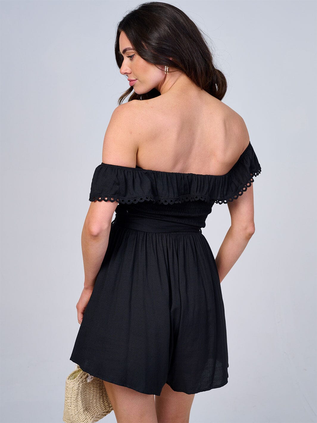 WOMEN'S OFF SHOULDER RUFFLE SMOCK SELF TIE ROMPER