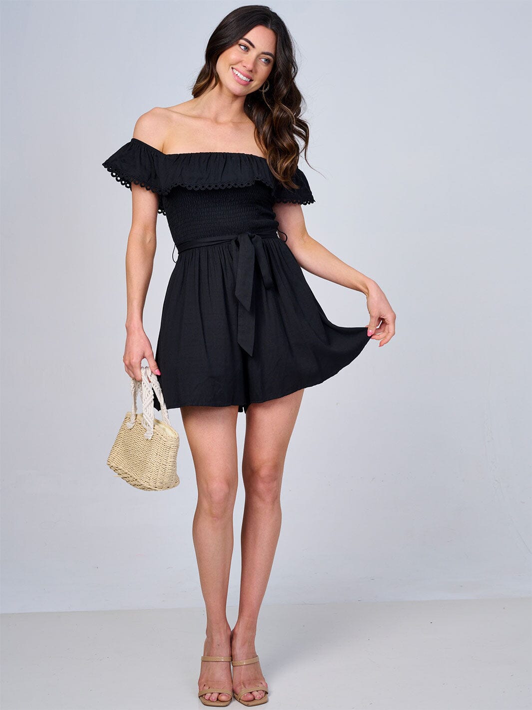 WOMEN'S OFF SHOULDER RUFFLE SMOCK SELF TIE ROMPER