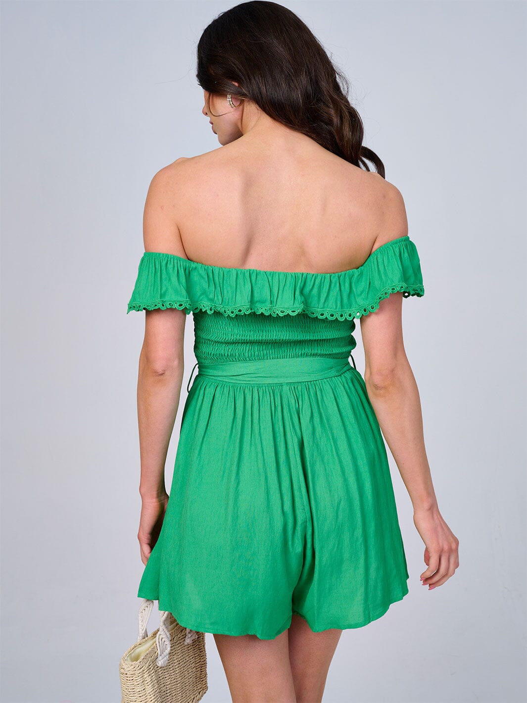WOMEN'S OFF SHOULDER RUFFLE SMOCK SELF TIE ROMPER