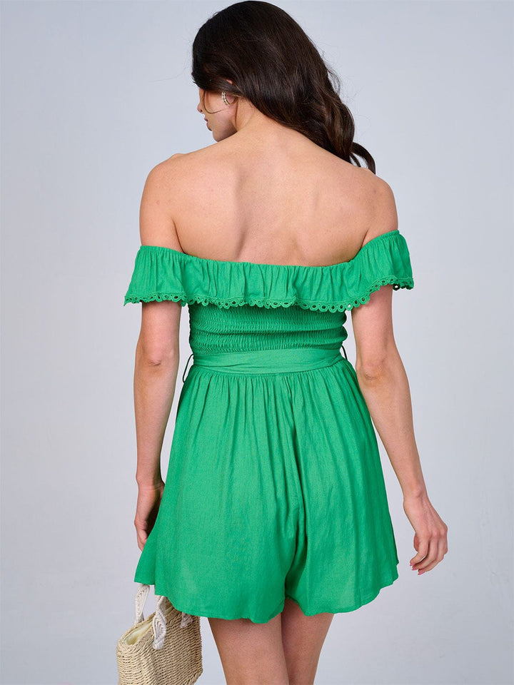WOMEN'S OFF SHOULDER RUFFLE SMOCK SELF TIE ROMPER