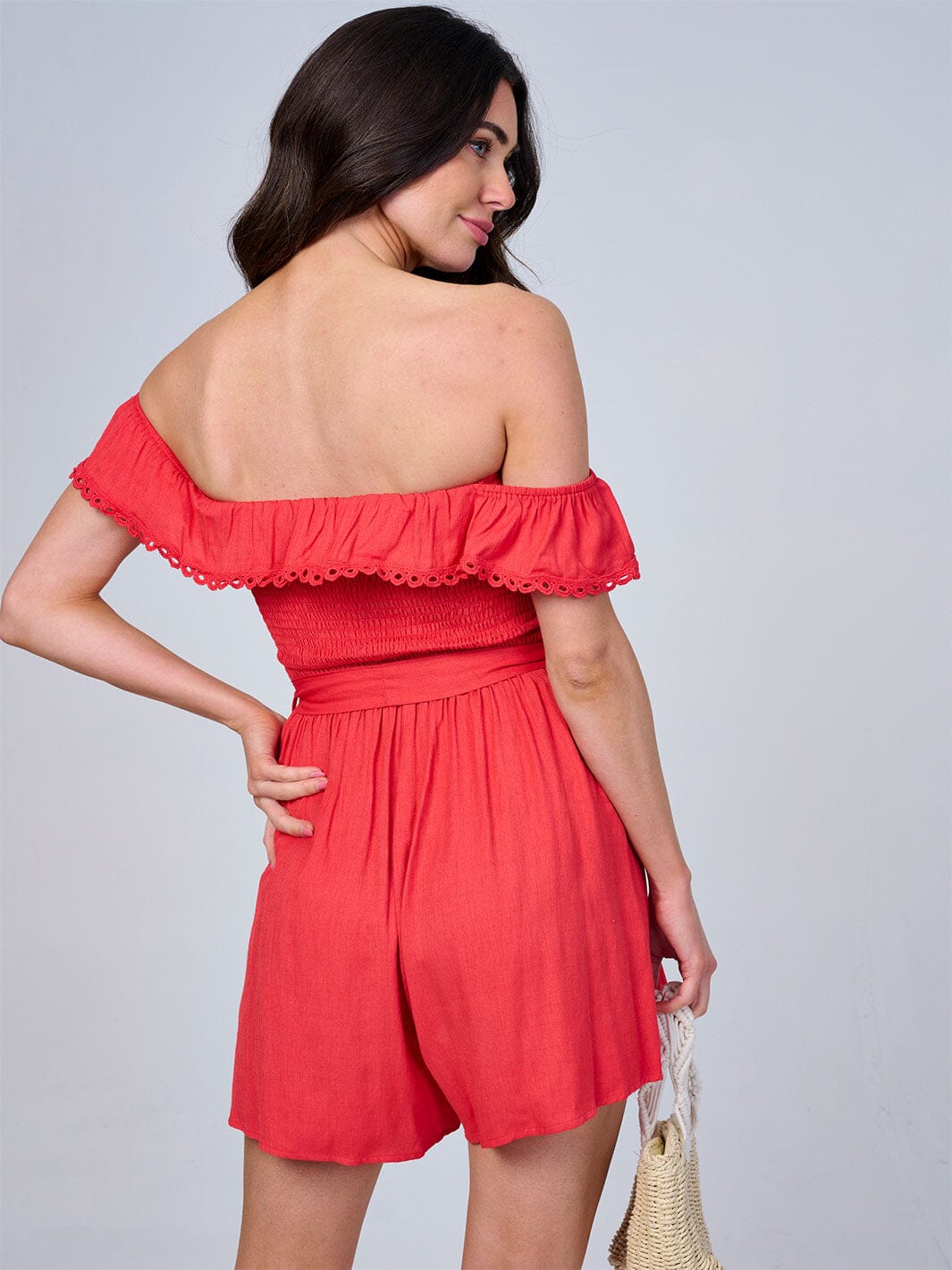 WOMEN'S OFF SHOULDER RUFFLE SMOCK SELF TIE ROMPER