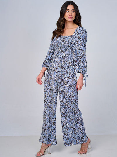 WOMEN'S LONG SLEEVE SQUARE NECK SMOCK ANIMAL PRINT WIDE LEG JUMPSUIT
