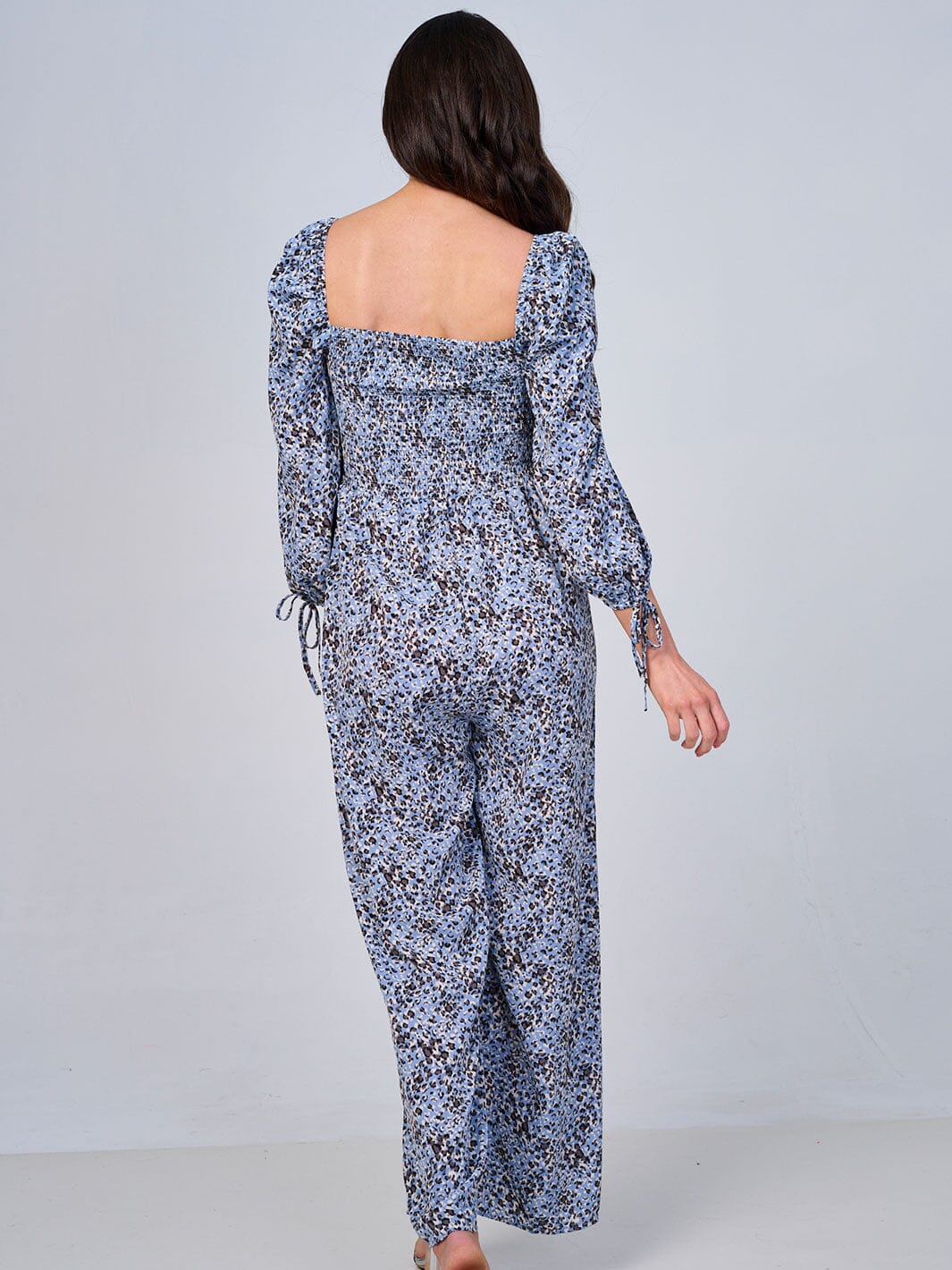 WOMEN'S LONG SLEEVE SQUARE NECK SMOCK ANIMAL PRINT WIDE LEG JUMPSUIT