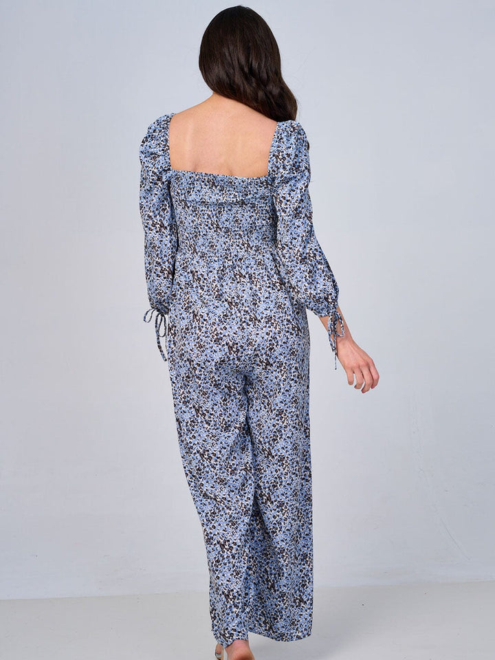WOMEN'S LONG SLEEVE SQUARE NECK SMOCK ANIMAL PRINT WIDE LEG JUMPSUIT