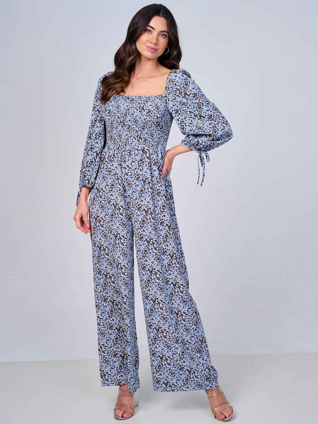 WOMEN'S LONG SLEEVE SQUARE NECK SMOCK ANIMAL PRINT WIDE LEG JUMPSUIT