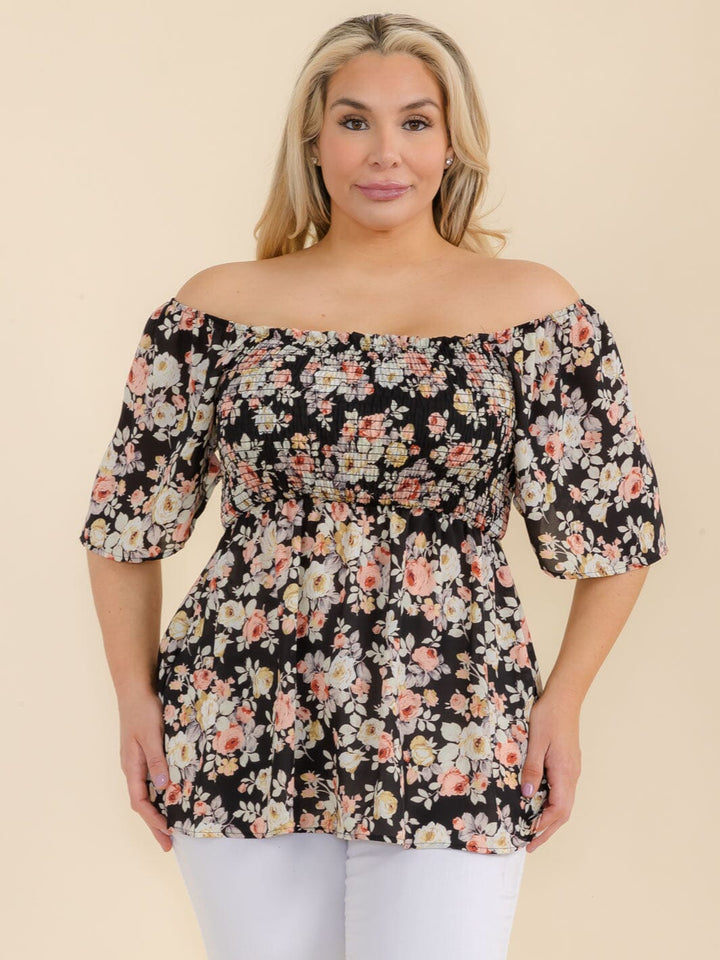 PLUS SIZE SHORT SLEEVE SMOCK FLORAL TUNIC BLOUSE