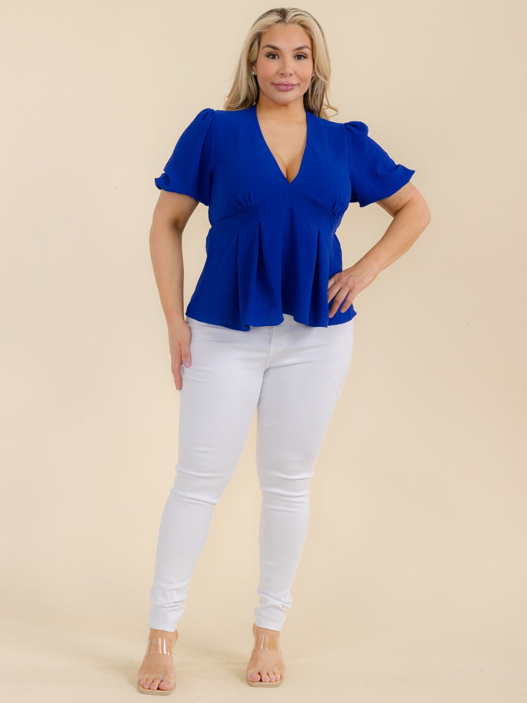 PLUS SIZE SHORT SLEEVE V-NECK TUNIC BLOUSE