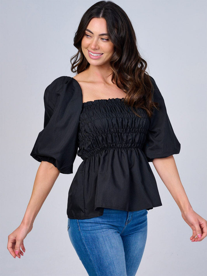 WOMEN'S SHORT PUFF SLEEVES SMOCK PEPLUM BLOUSE
