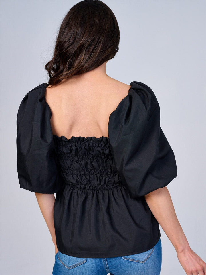 WOMEN'S SHORT PUFF SLEEVES SMOCK PEPLUM BLOUSE