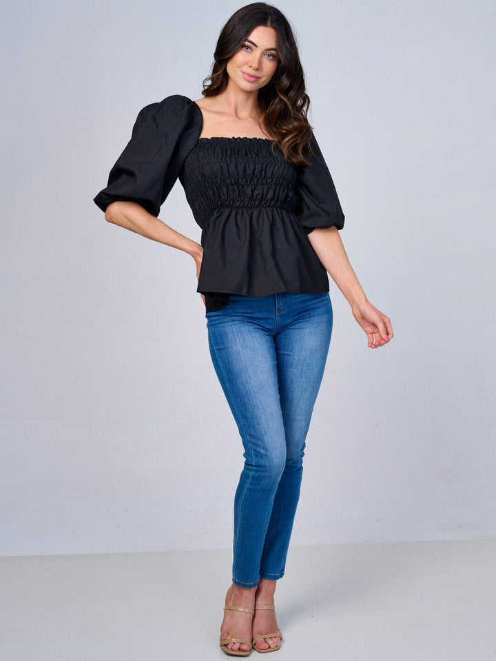 WOMEN'S SHORT PUFF SLEEVES SMOCK PEPLUM BLOUSE