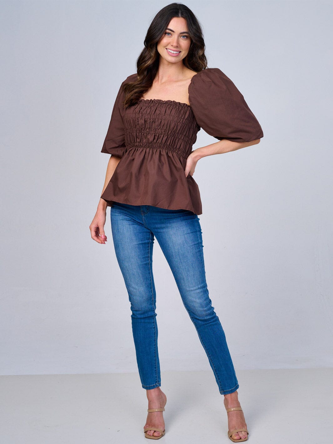 WOMEN'S SHORT PUFF SLEEVES SMOCK PEPLUM BLOUSE