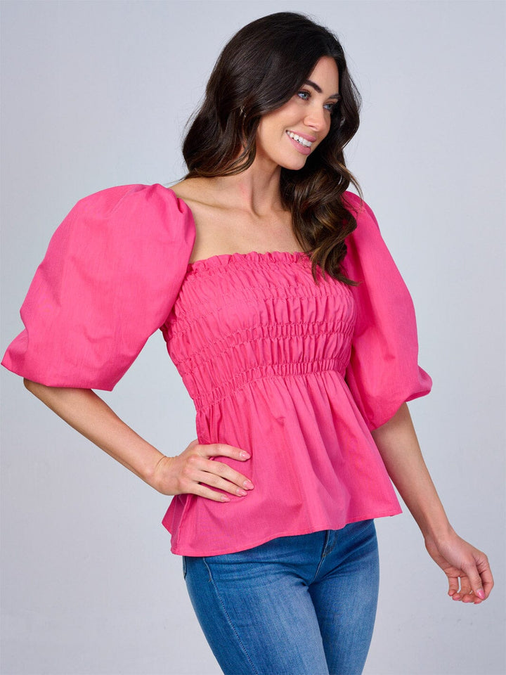 WOMEN'S SHORT PUFF SLEEVES SMOCK PEPLUM BLOUSE