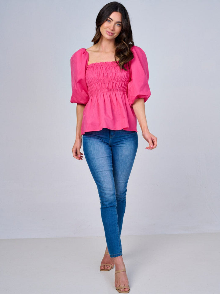 WOMEN'S SHORT PUFF SLEEVES SMOCK PEPLUM BLOUSE