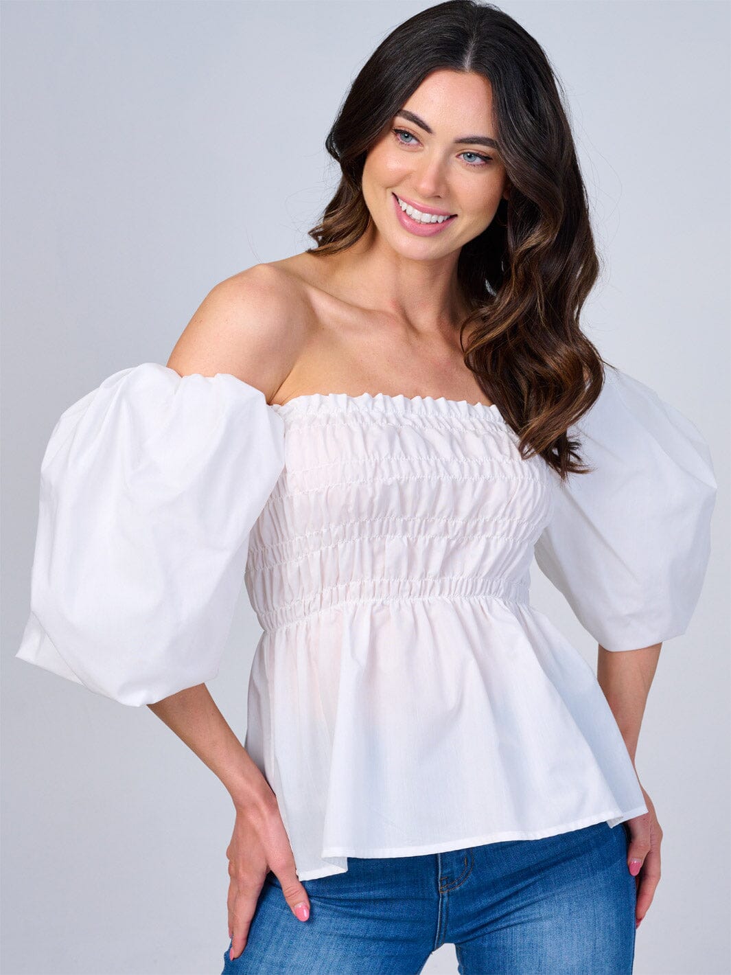 WOMEN'S SHORT PUFF SLEEVES SMOCK PEPLUM BLOUSE