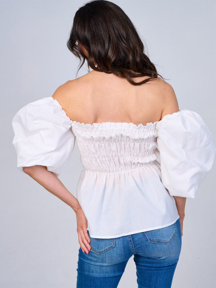 WOMEN'S SHORT PUFF SLEEVES SMOCK PEPLUM BLOUSE