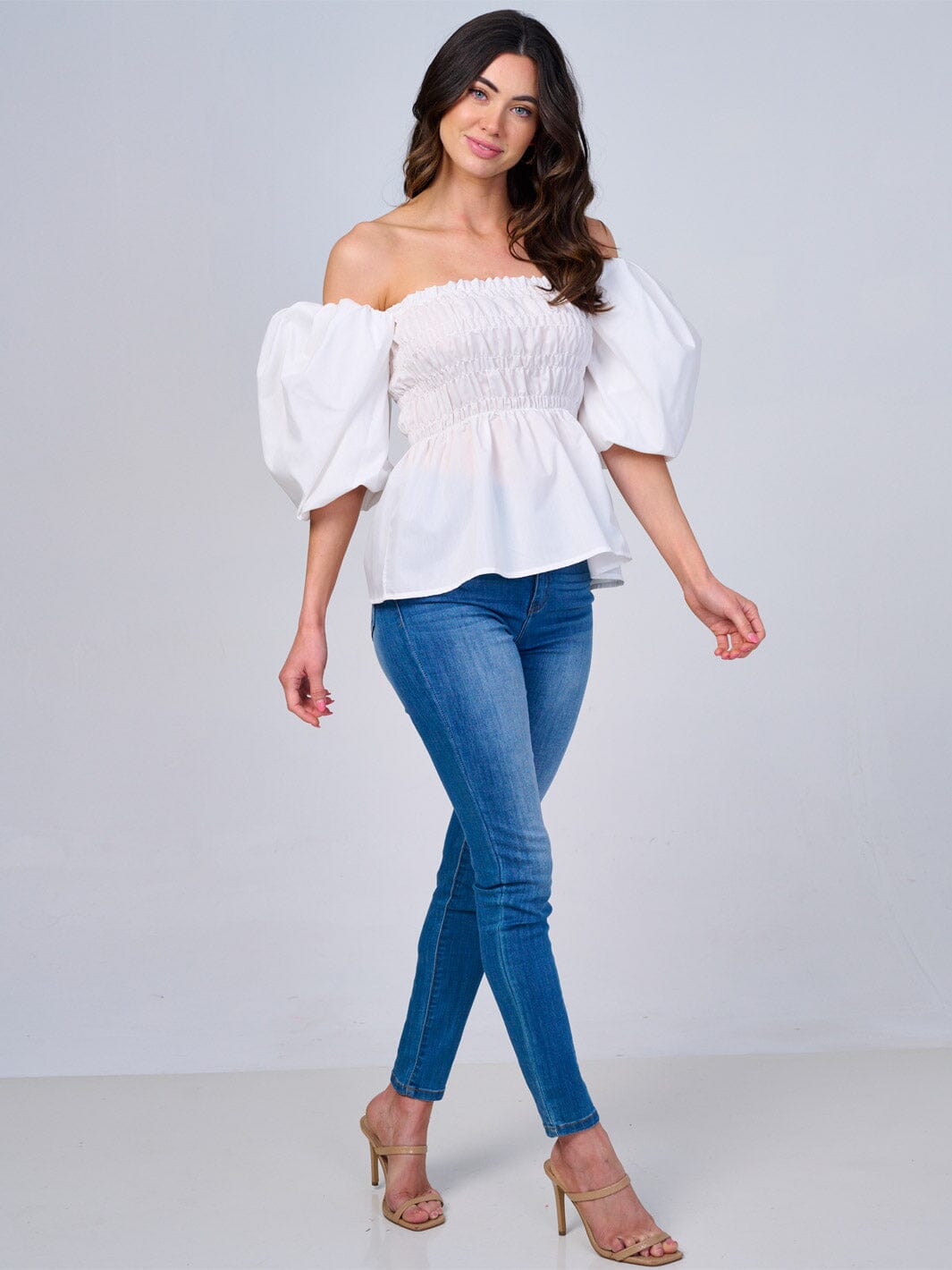 WOMEN'S SHORT PUFF SLEEVES SMOCK PEPLUM BLOUSE