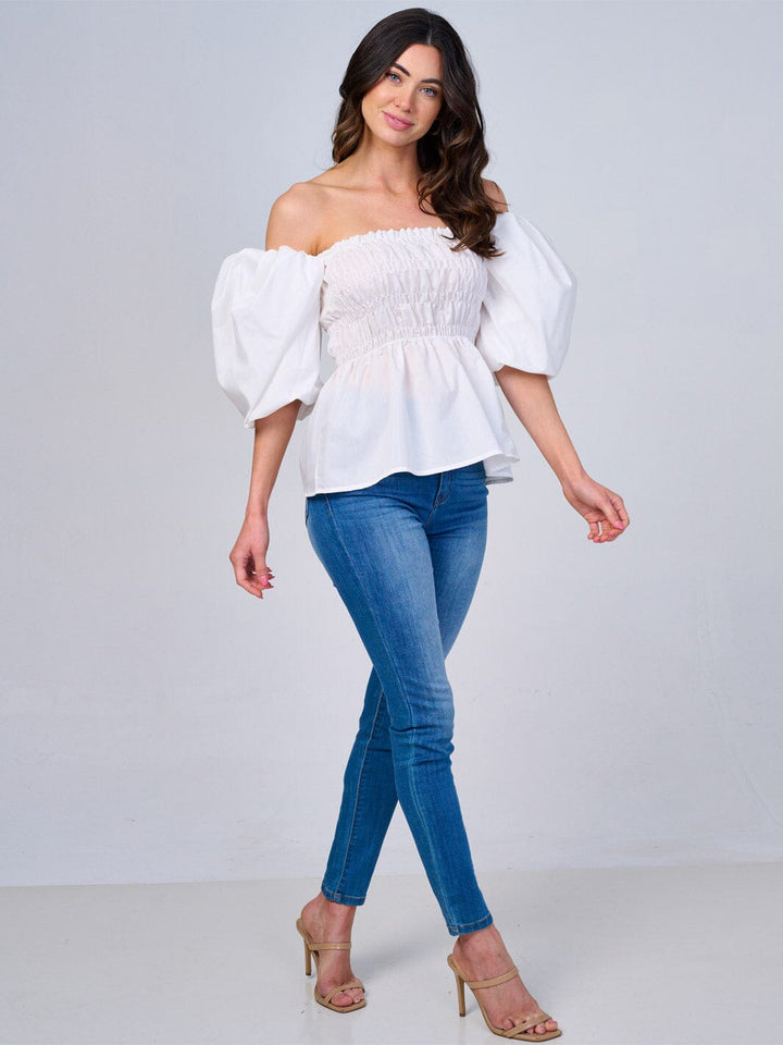 WOMEN'S SHORT PUFF SLEEVES SMOCK PEPLUM BLOUSE