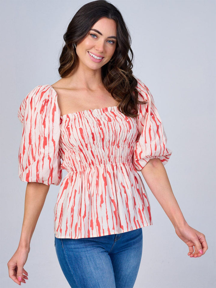 WOMEN'S SHORT PUFF SLEEVES SMOCK COLORBLOCK PRINT PEPLUM BLOUSE