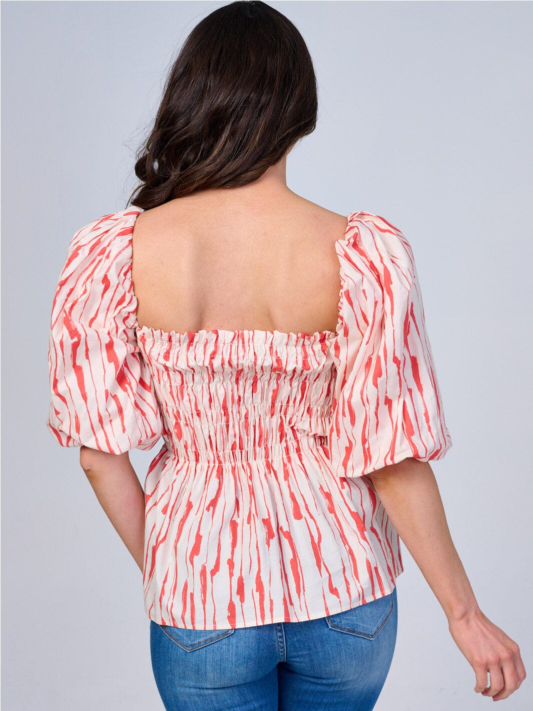 WOMEN'S SHORT PUFF SLEEVES SMOCK COLORBLOCK PRINT PEPLUM BLOUSE