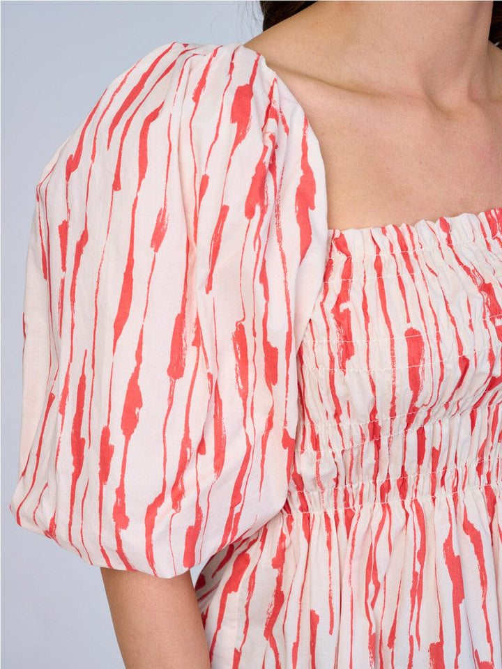 WOMEN'S SHORT PUFF SLEEVES SMOCK COLORBLOCK PRINT PEPLUM BLOUSE