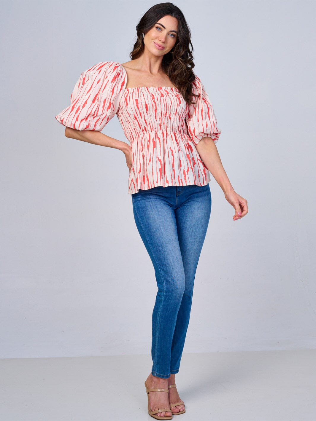 WOMEN'S SHORT PUFF SLEEVES SMOCK COLORBLOCK PRINT PEPLUM BLOUSE