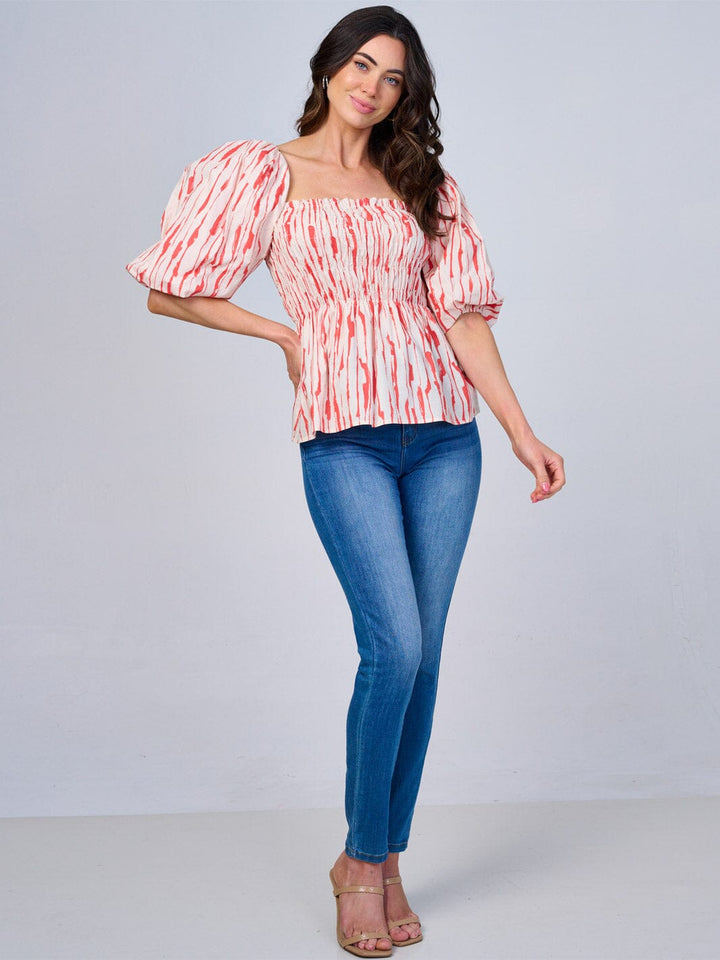 WOMEN'S SHORT PUFF SLEEVES SMOCK COLORBLOCK PRINT PEPLUM BLOUSE