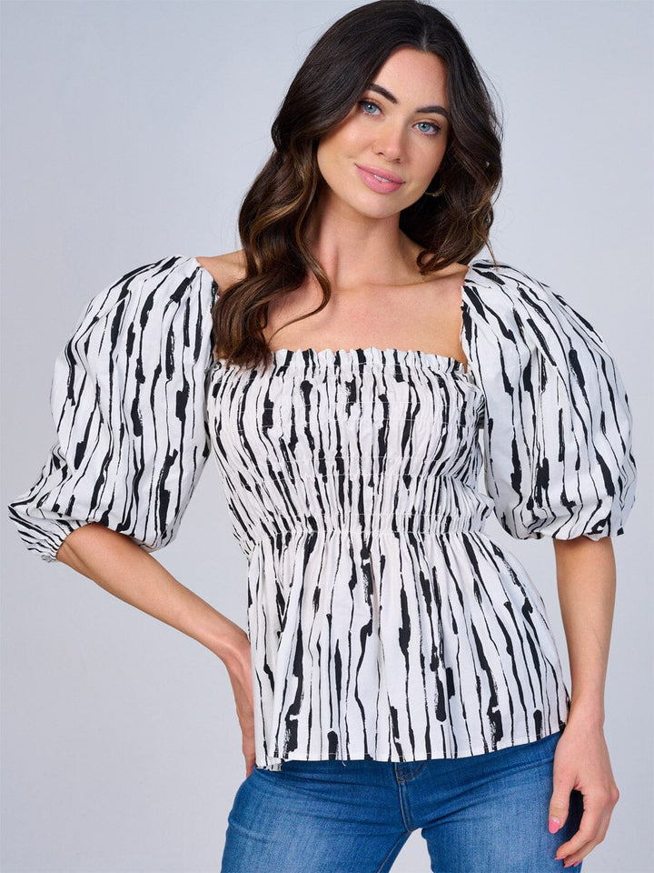 WOMEN'S SHORT PUFF SLEEVES SMOCK COLORBLOCK PRINT PEPLUM BLOUSE