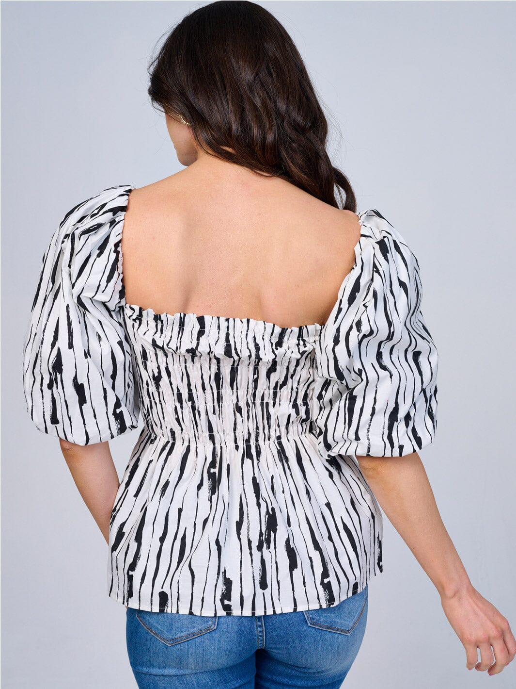 WOMEN'S SHORT PUFF SLEEVES SMOCK COLORBLOCK PRINT PEPLUM BLOUSE