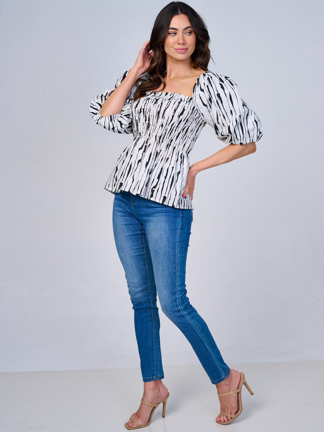 WOMEN'S SHORT PUFF SLEEVES SMOCK COLORBLOCK PRINT PEPLUM BLOUSE