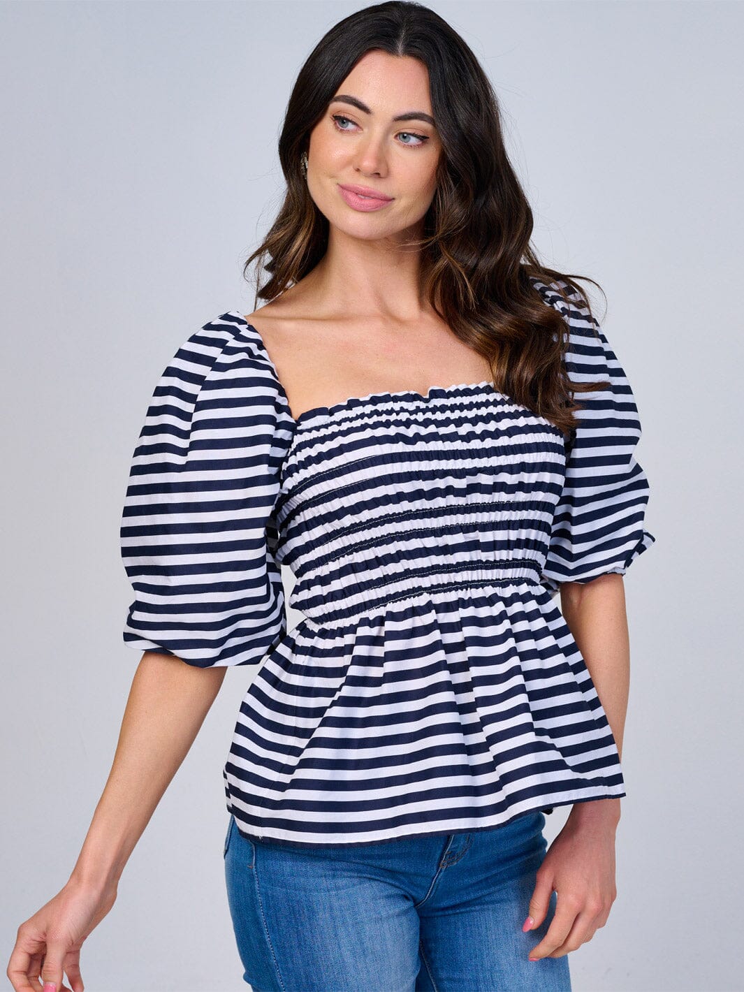 WOMEN'S SHORT PUFF SLEEVES SMOCK COLORBLOCK STRIPES PEPLUM BLOUSE