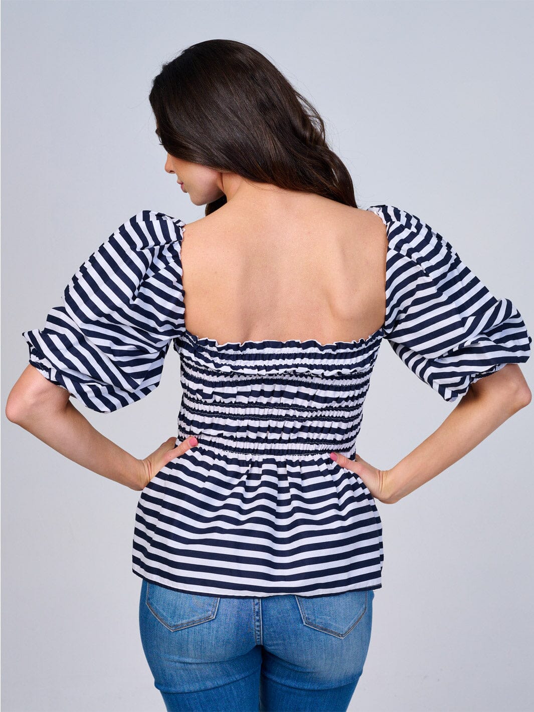 WOMEN'S SHORT PUFF SLEEVES SMOCK COLORBLOCK STRIPES PEPLUM BLOUSE