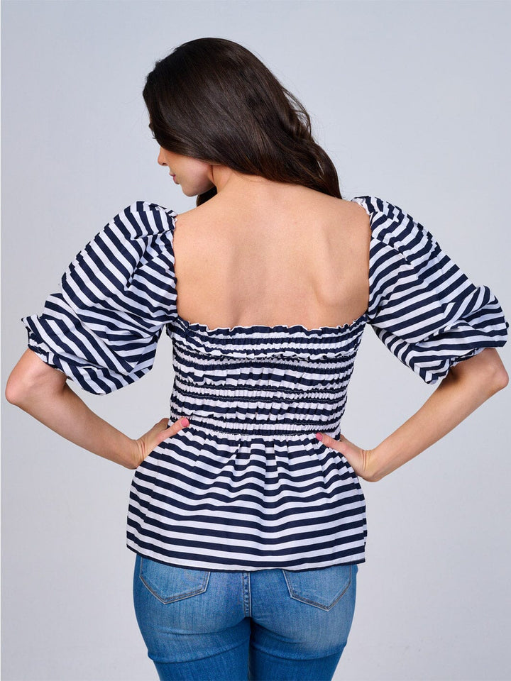 WOMEN'S SHORT PUFF SLEEVES SMOCK COLORBLOCK STRIPES PEPLUM BLOUSE