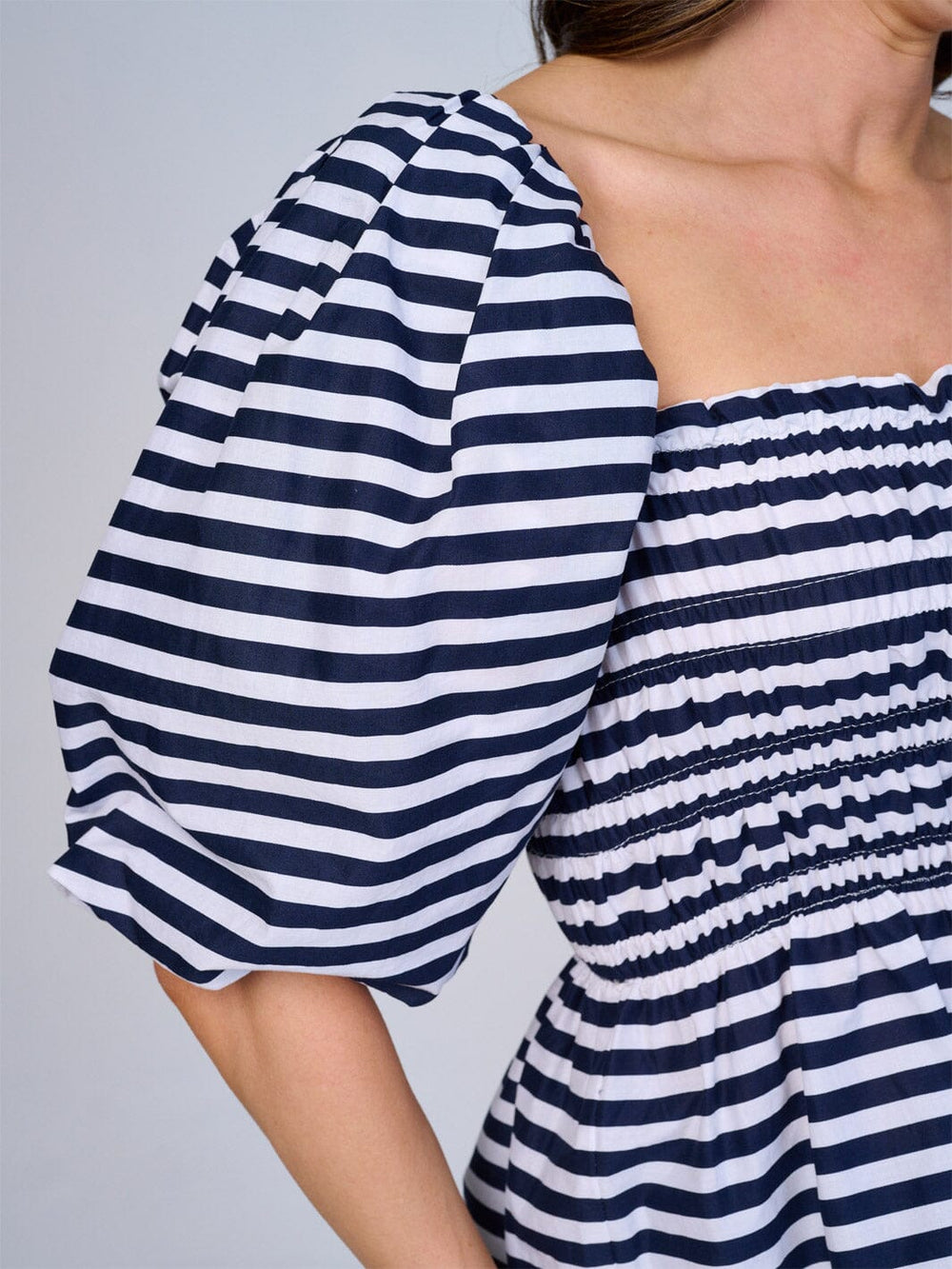 WOMEN'S SHORT PUFF SLEEVES SMOCK COLORBLOCK STRIPES PEPLUM BLOUSE