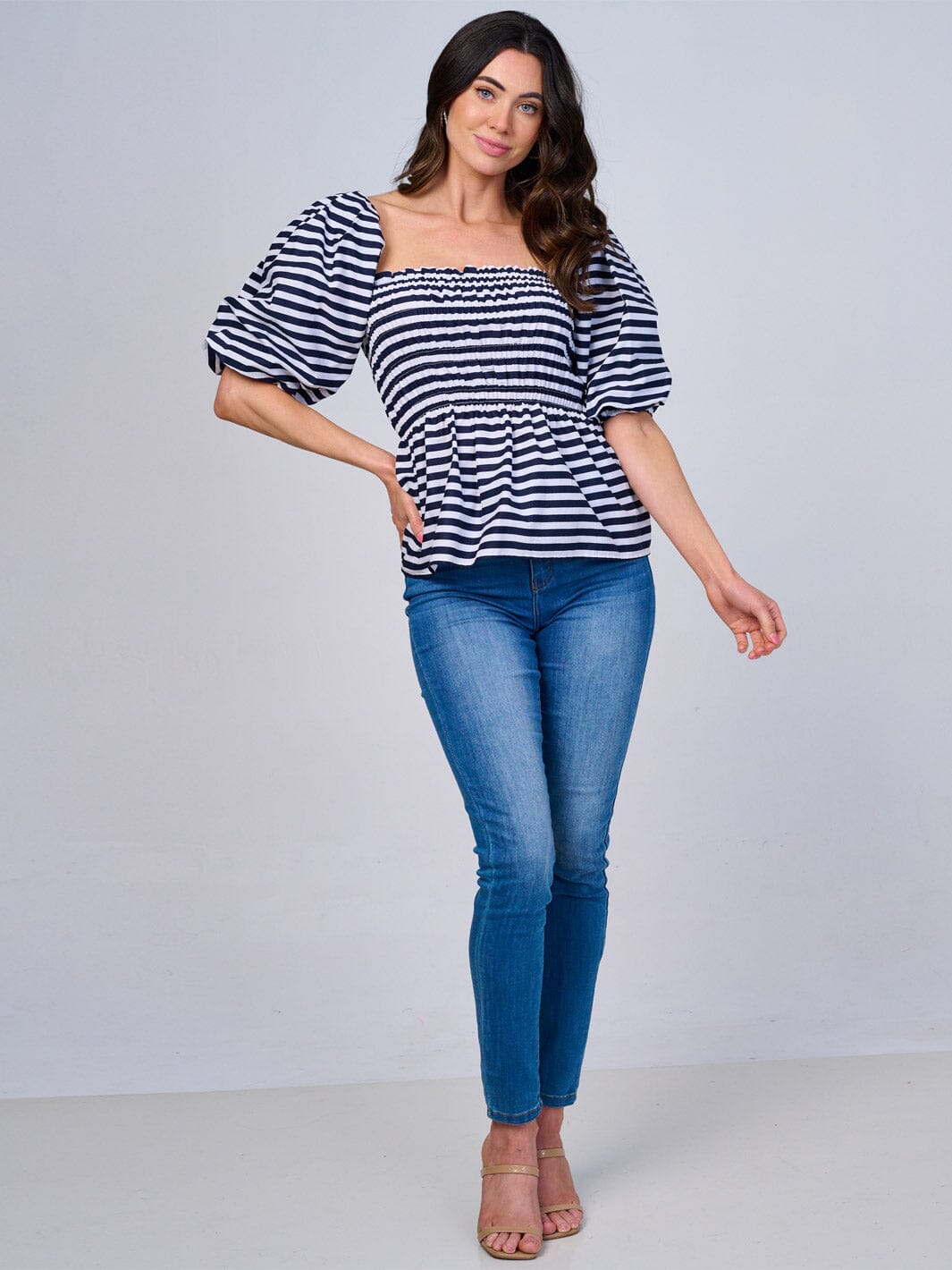 WOMEN'S SHORT PUFF SLEEVES SMOCK COLORBLOCK STRIPES PEPLUM BLOUSE
