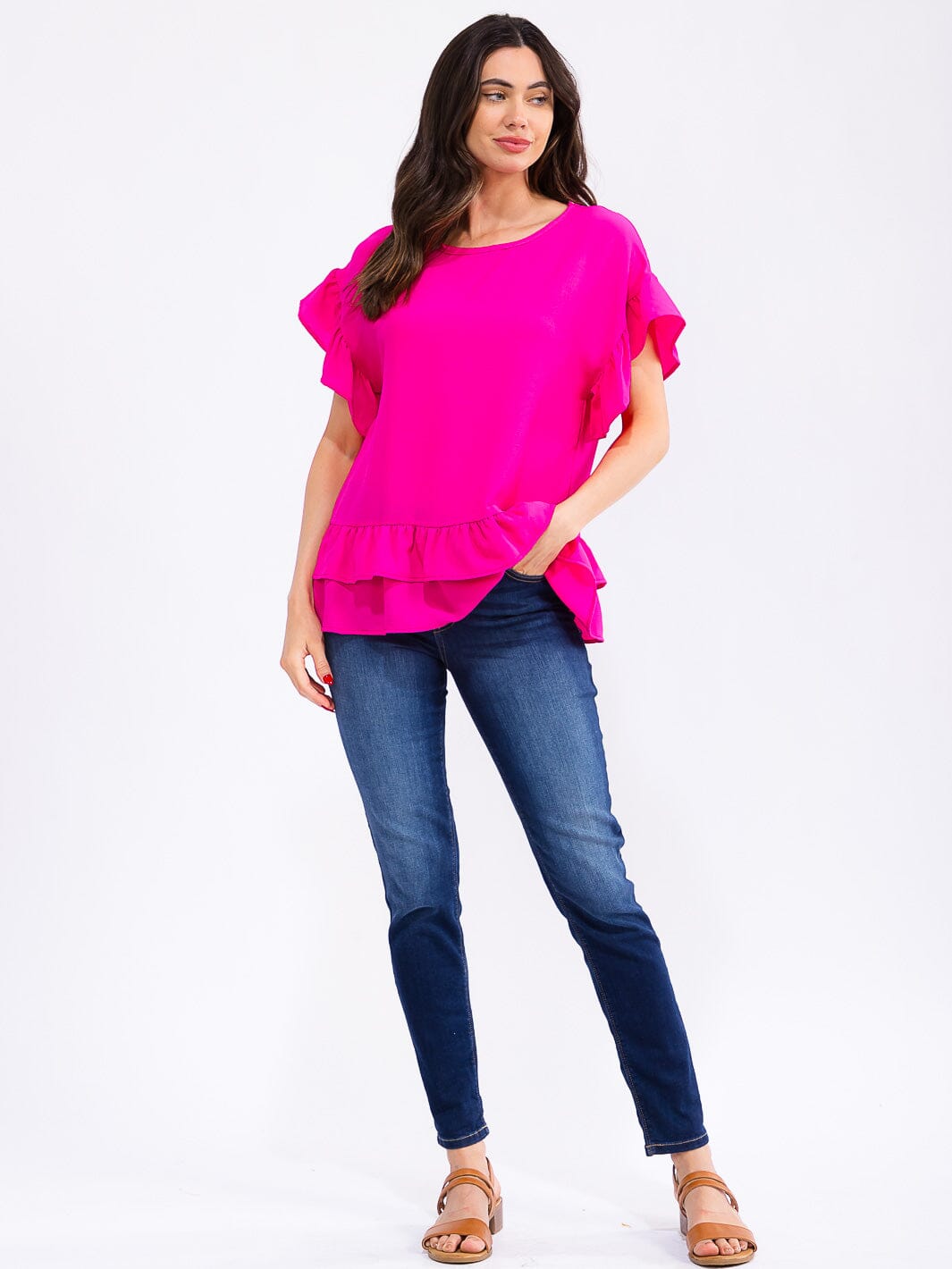 WOMEN'S SHORT RUFFLE SLEEVE TIERED BLOUSE