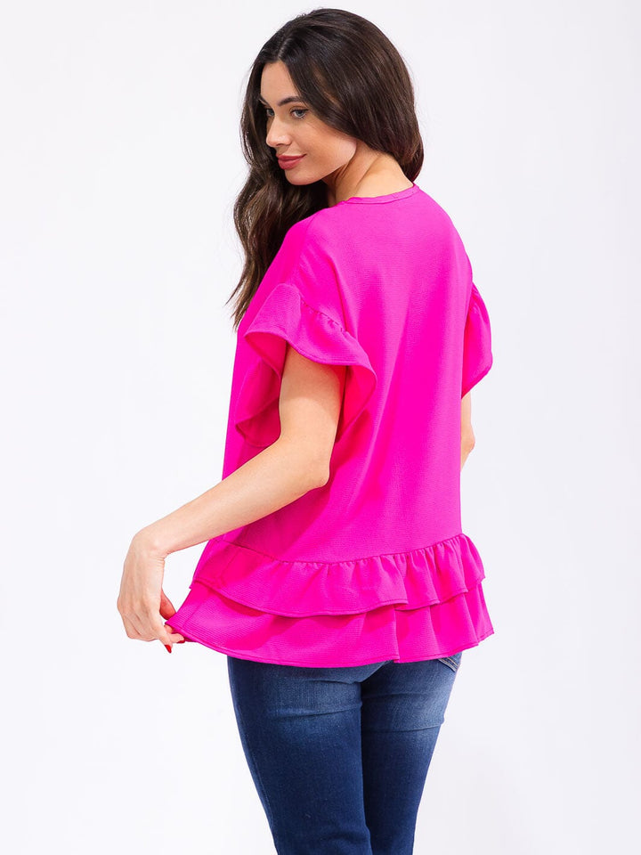WOMEN'S SHORT RUFFLE SLEEVE TIERED BLOUSE