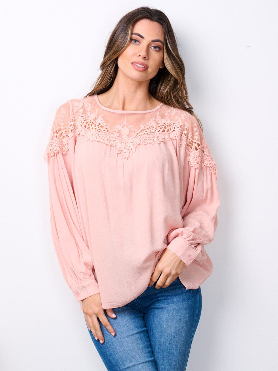 WOMEN'S LONG SLEEVE LACE DETAILED TUNIC BLOUSE TOP