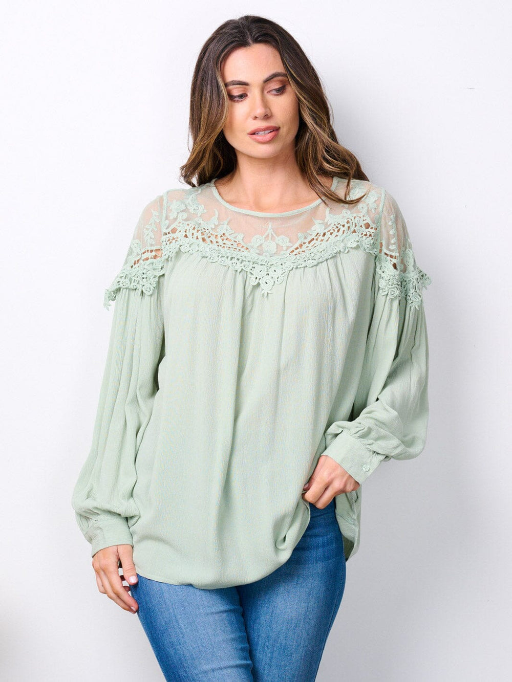 WOMEN'S LONG SLEEVE LACE DETAILED TUNIC BLOUSE TOP