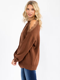 WOMEN'S LONG SLEEVE LACE COLD SHOULDER DETAILED PULLOVER SWEATER
