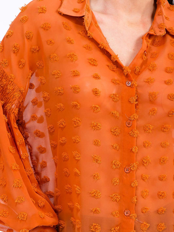 WOMEN'S LONG SLEEVE BUTTON UP SWISS DOTS DETAILED BLOUSE