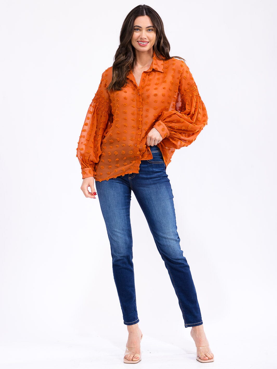 WOMEN'S LONG SLEEVE BUTTON UP SWISS DOTS DETAILED BLOUSE