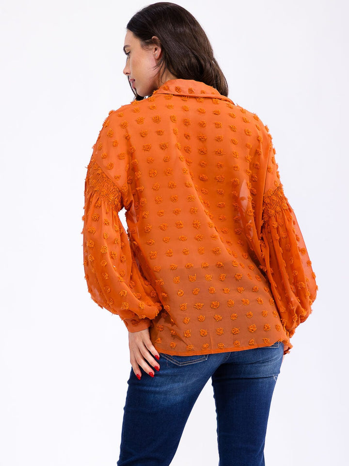 WOMEN'S LONG SLEEVE BUTTON UP SWISS DOTS DETAILED BLOUSE