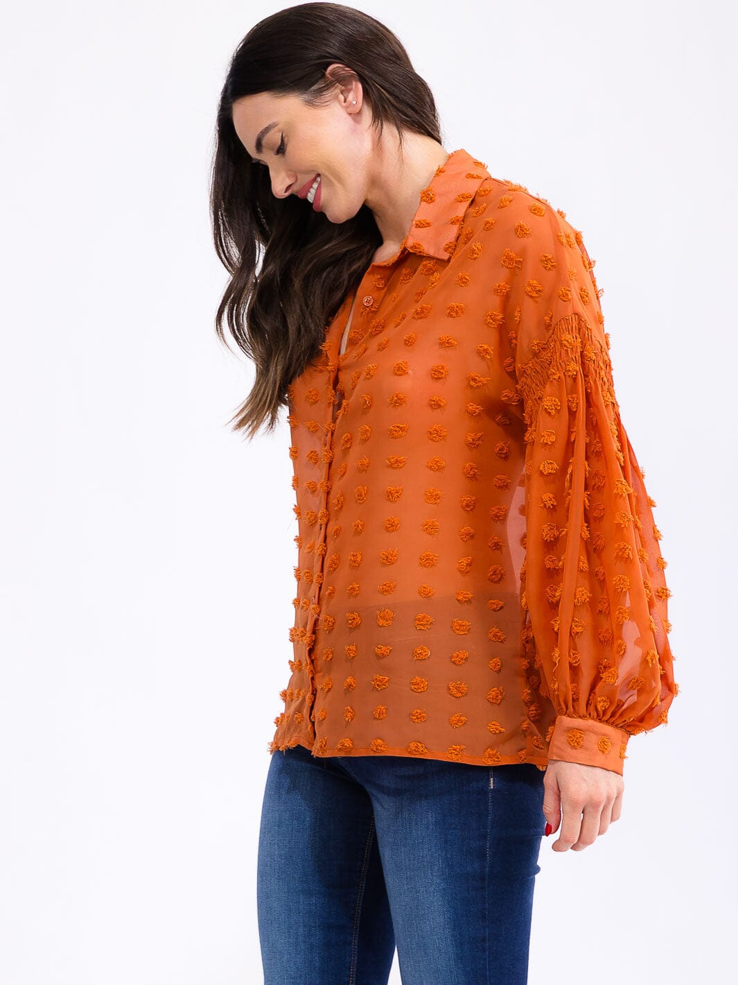 WOMEN'S LONG SLEEVE BUTTON UP SWISS DOTS DETAILED BLOUSE