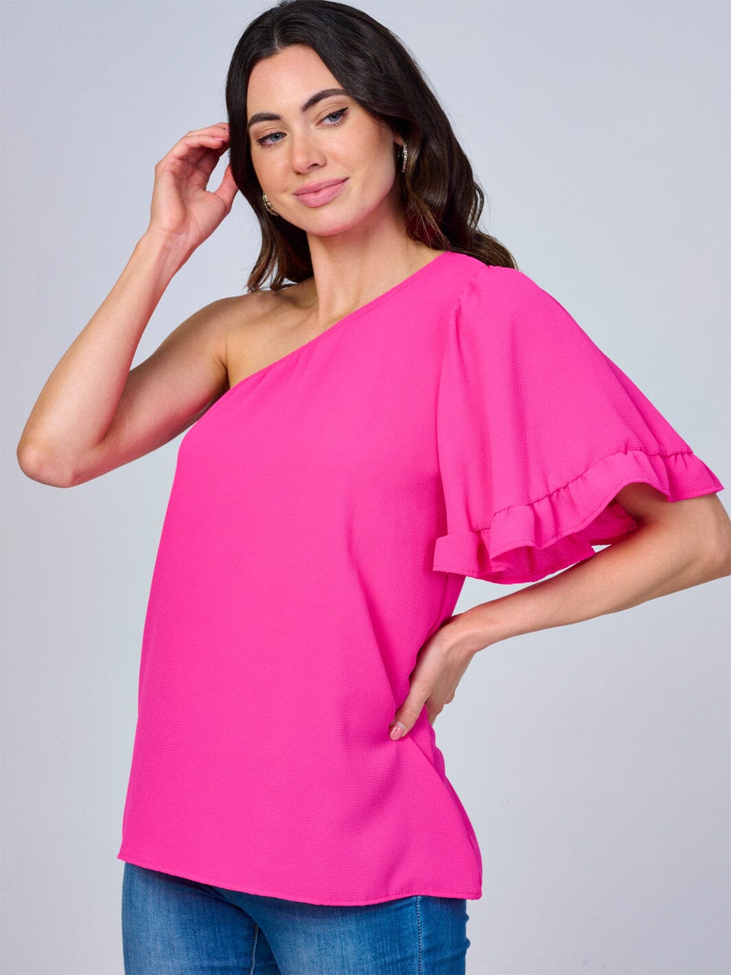 WOMEN'S ONE SHOULDER SHORT RUFFLE SLEEVE BLOUSE